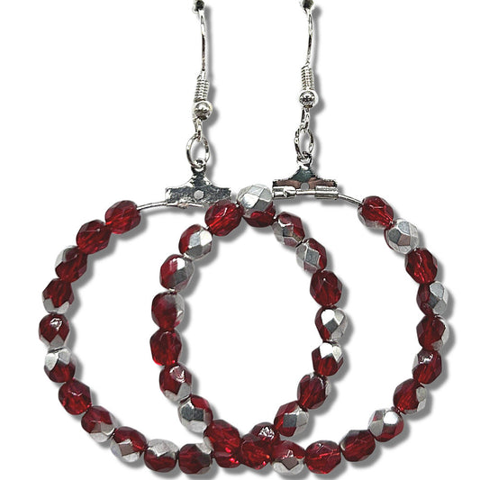 Large Loop Earrings with Red Half-Silver Coated Beads