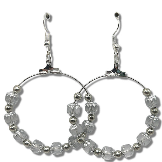 Large Loop Earrings with Clear Cathedral Beads and Silvery Accents