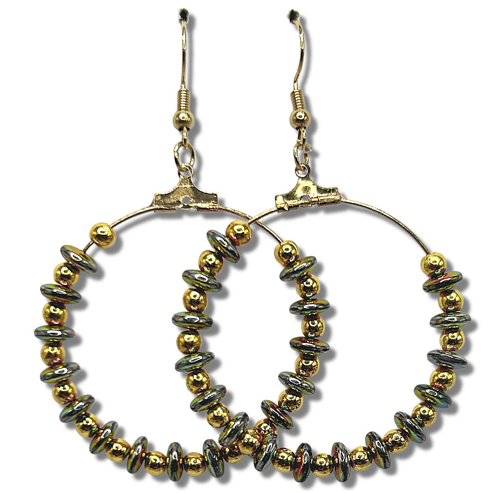 Large Loop Earrings with Multicolor Metallic Golden-Coated Beads