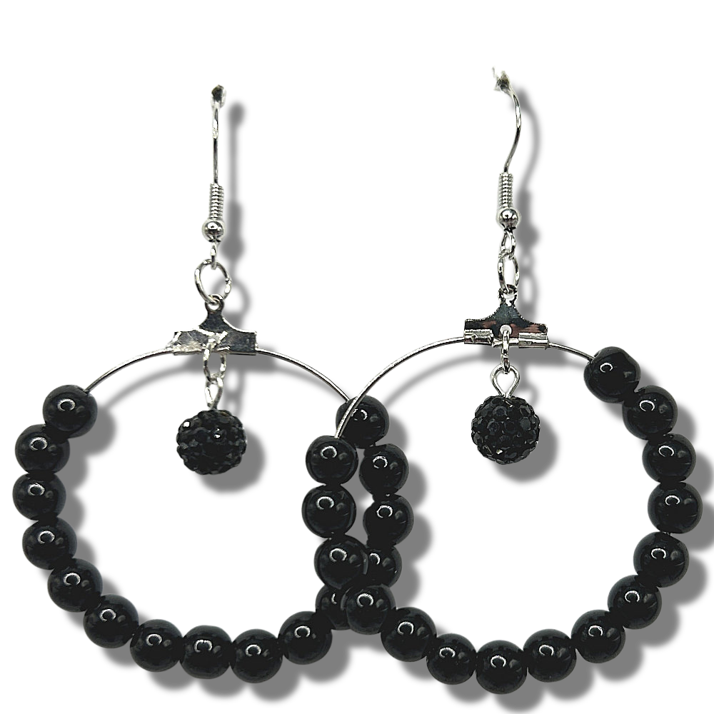 Large Loop Earrings with Black Beads and Sparkling Black Dangle