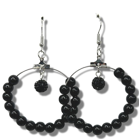 Large Loop Earrings with Black Beads and Sparkling Black Dangle