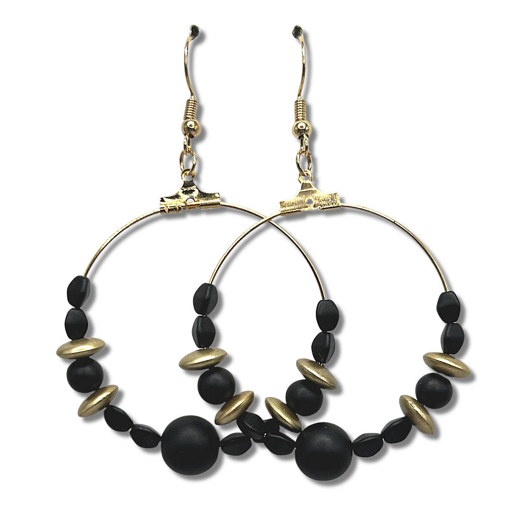 Large Loop Earrings with Matte Black and Golden Beads