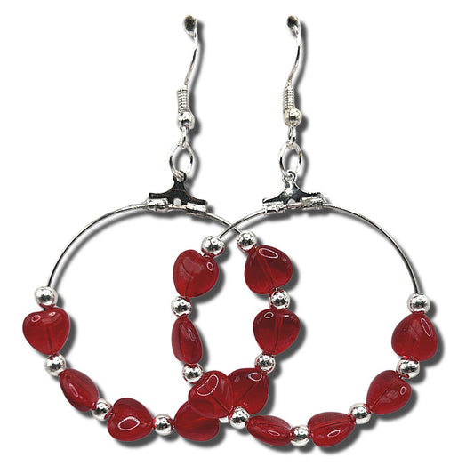 Large Loop Earrings with Red Glass Hearts
