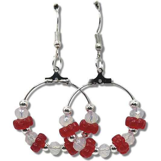 Medium Loop Earrings with Red Flower and Opalesque Beads
