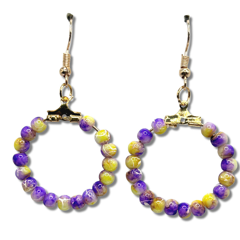 Small Loop Earrings with Purple and Yellow Swirled Beads