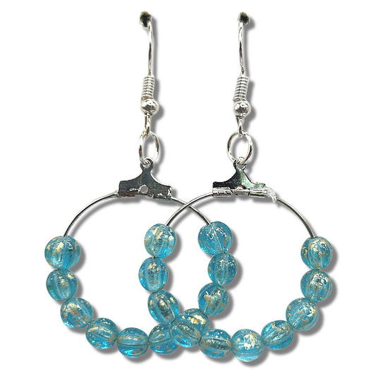 Medium Loop Earrings with Gold-Shimmered Blue Beads