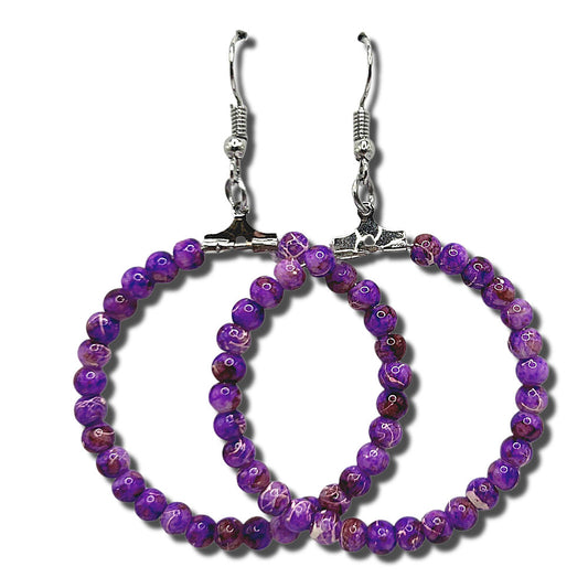 Large Loop Earrings with Purple-Yellow-Brown Swirl Beads