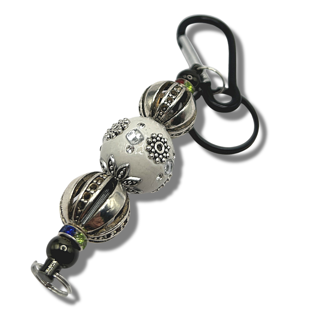 Keyring with Large White Center Bead and Black Hardware