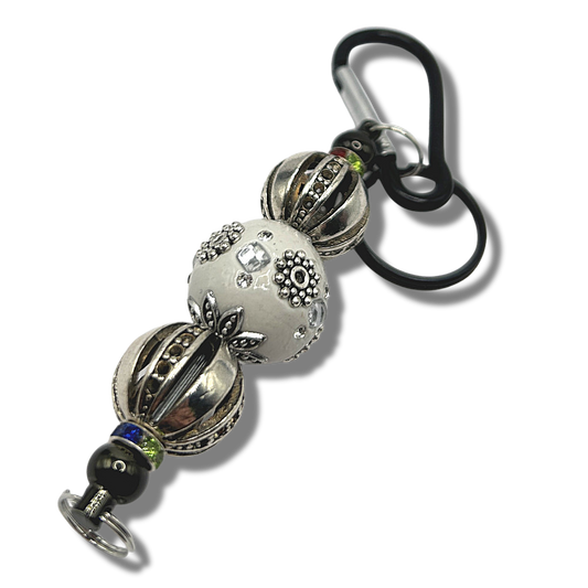 Keyring with Large White Center Bead and Black Hardware