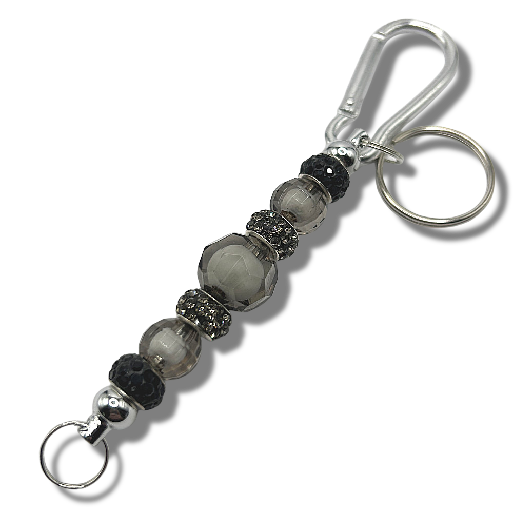 Keyring with Clear Black Beads with White Centers