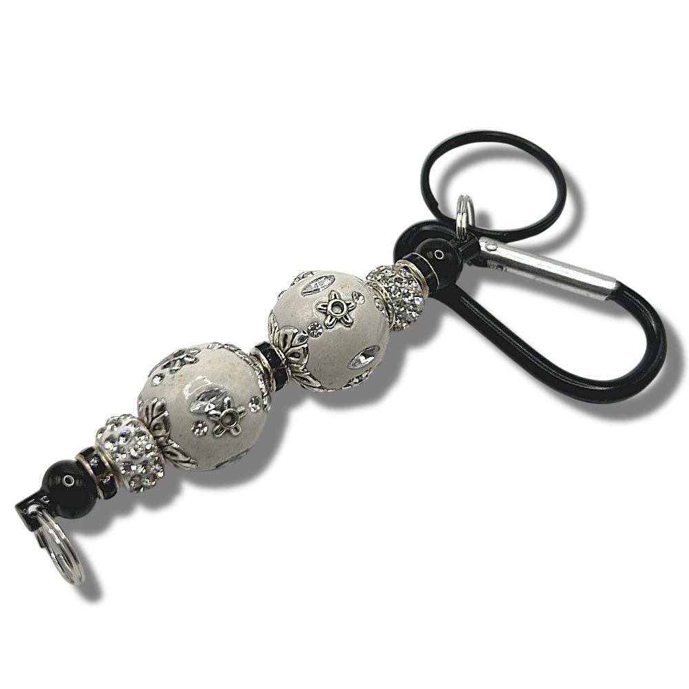Keyring with Double Large White Embellished Beads
