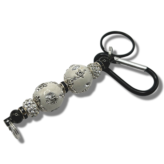 Keyring with Double Large White Embellished Beads