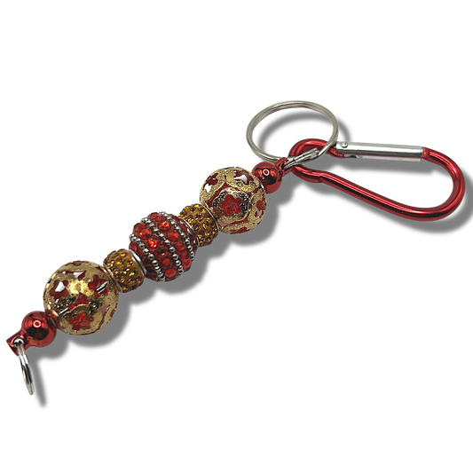 Keyring with Red and Gold Beads with Orange Accents