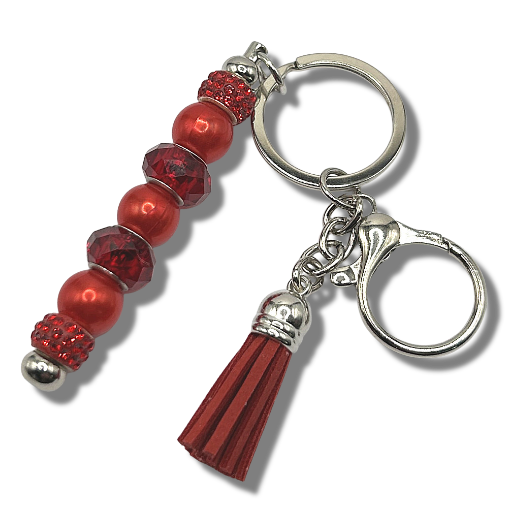 Keyring with Red Faux Pearls and Crystal Beads