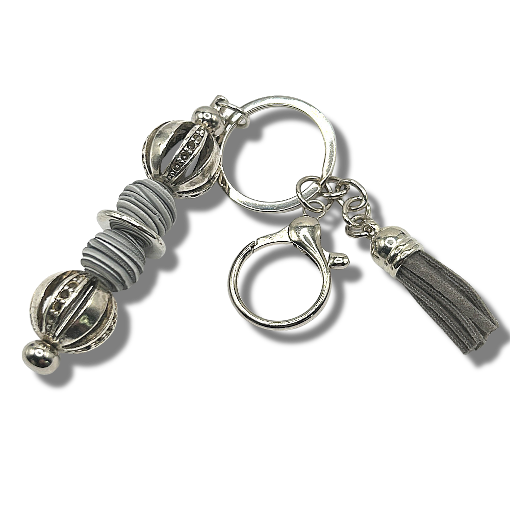 Keyring with Silver and Gray Beads
