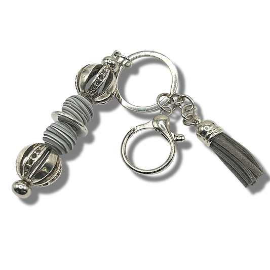 Keyring with Silver and Gray Beads
