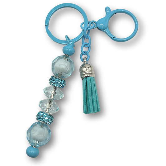 Keyring with Clear Blue and White Beads and Tassel