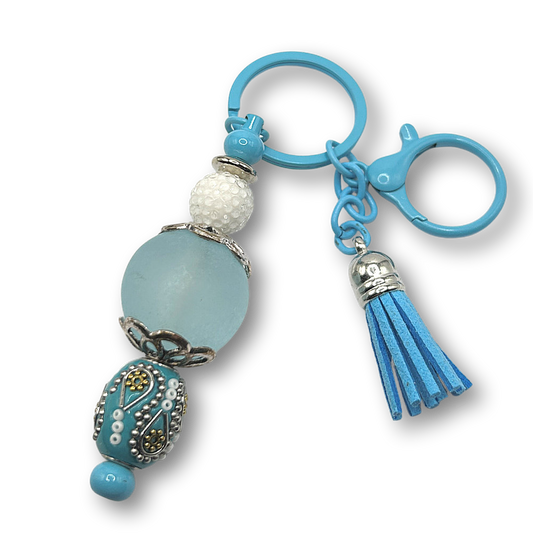Keyring with Large Matte Blue Bead and Fancy Accents