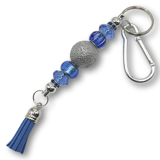 Keyring with Silver Glitter and Blue Beads