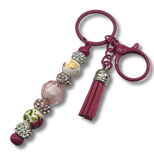 Keyring with Pink Floral Beads