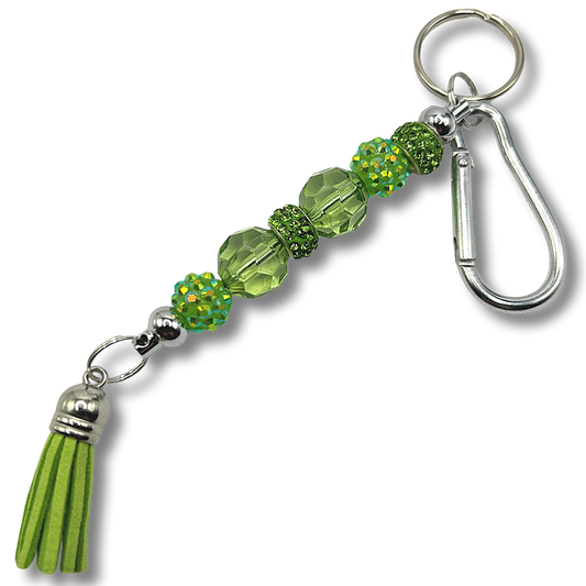 Keyring with Green Sparkles and Clear Glass Beads