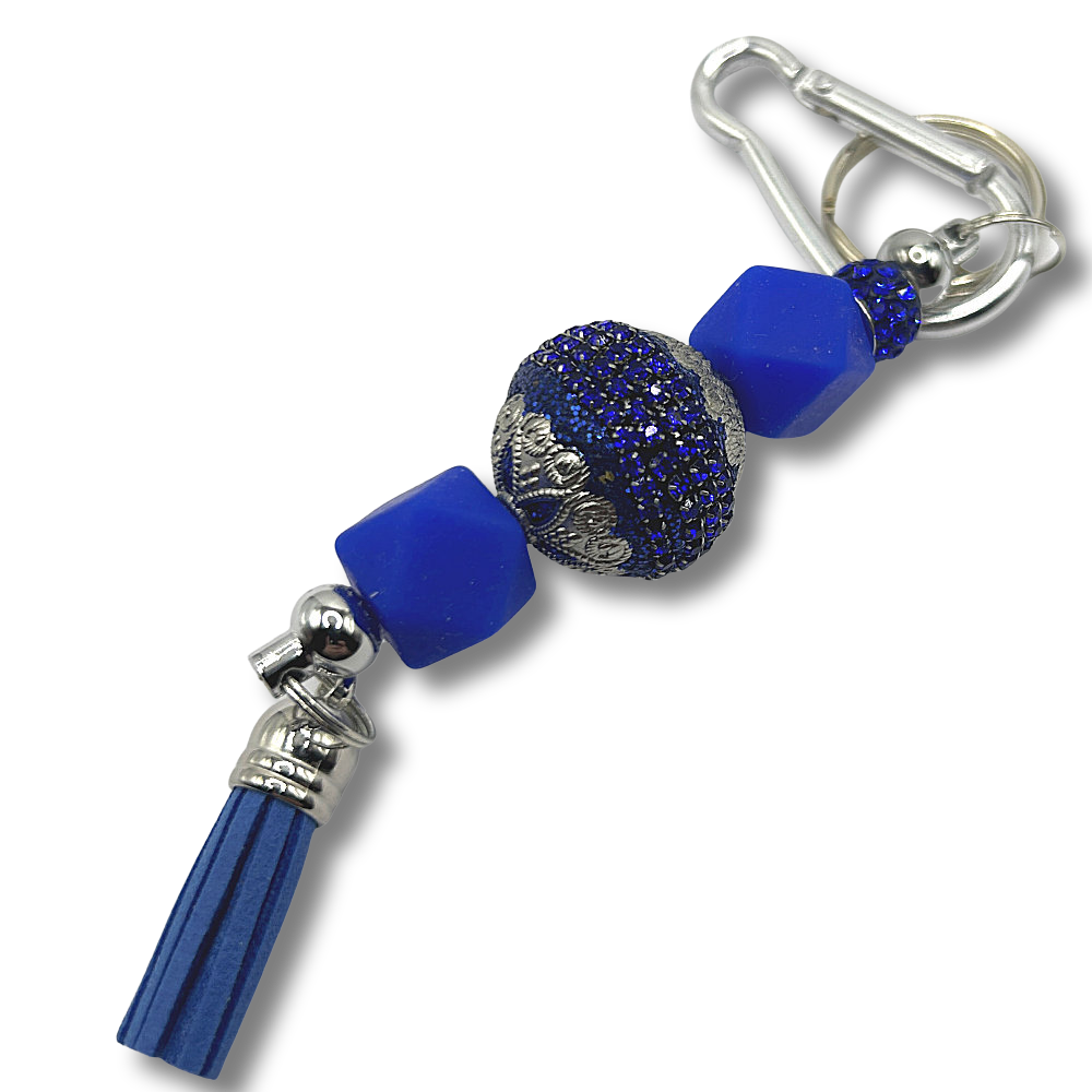 Keyring with Ornate Blue Bead, Silicone Accents, and Sparkles