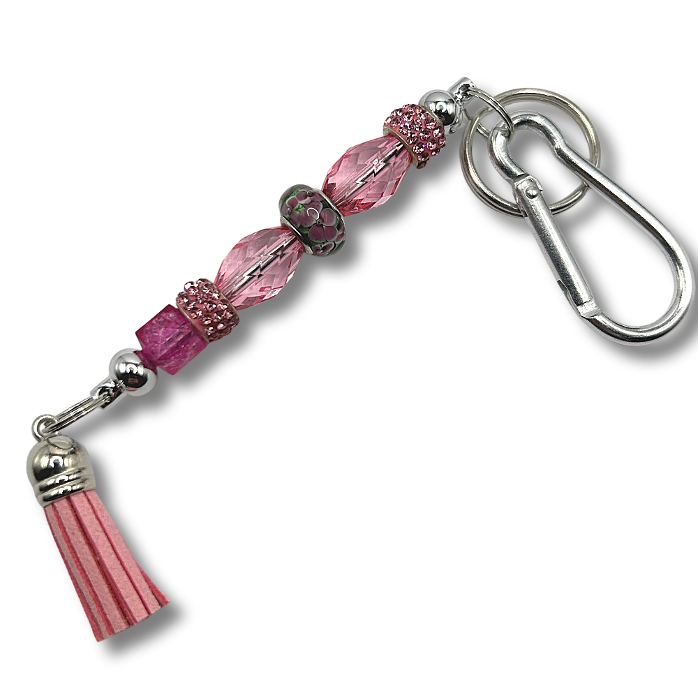 Keyring with Pink Floral Bead and Sparkly Accents