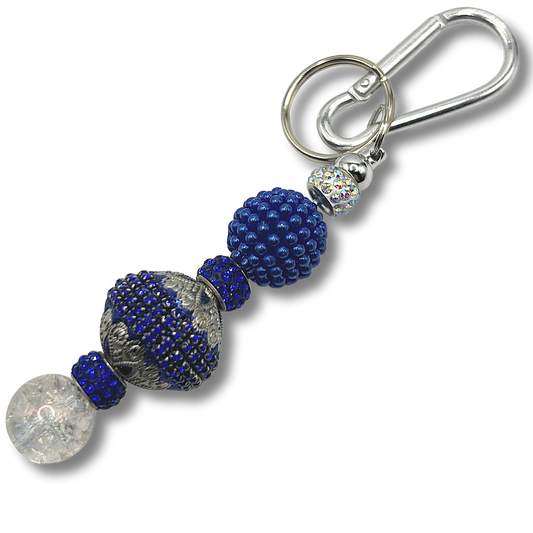 Keyring with Large Ornate Blue Bead, Rhinestones, and Clear Accents