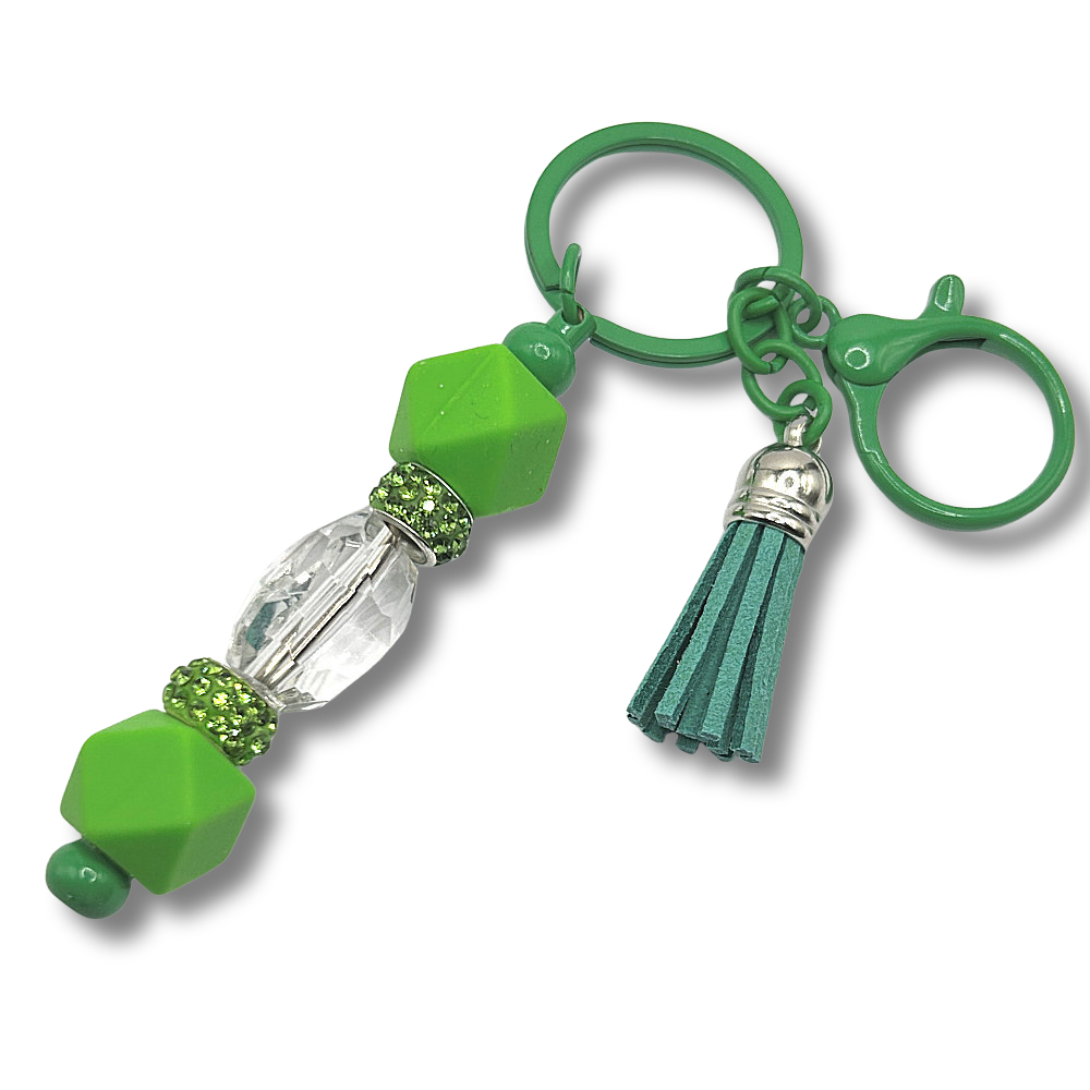 Keyring with Clear Center Bead and Green Silicone Accents