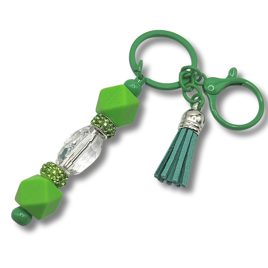 Keyring with Clear Center Bead and Green Silicone Accents