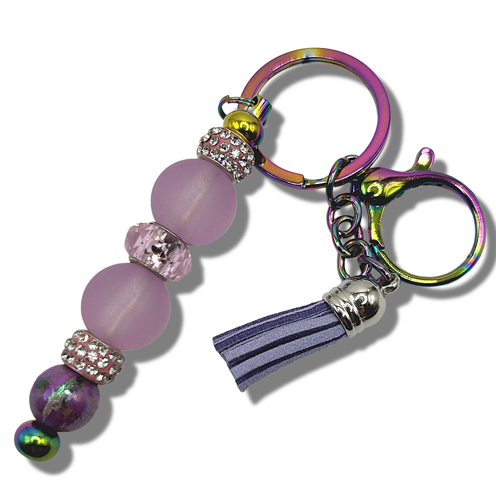 Keyring with Matte Purple Beads and Sparkles
