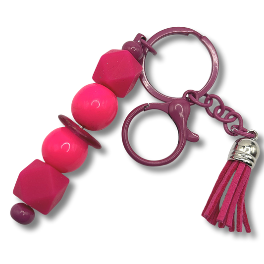 Keyring with Pink Geometric Silicone Beads and Plastic Balls