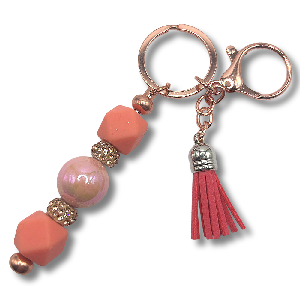 Keyring with Peachy Pink Beads and Sparkles