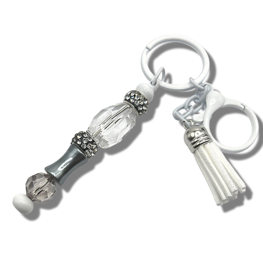 Keyring with Clear Bead, Gunmetal Colored Accents, and Rhinestones