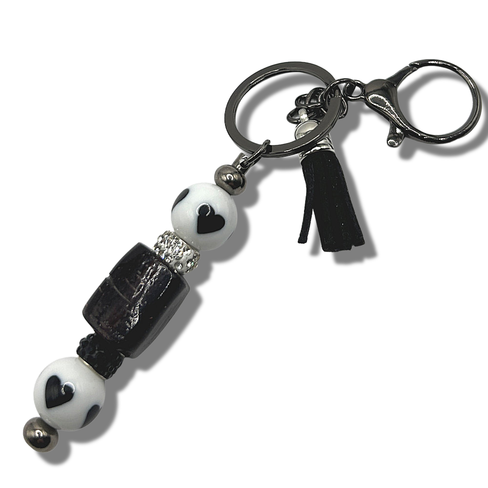Keyring with Chunky Black Bead and White-Black Heart Accents