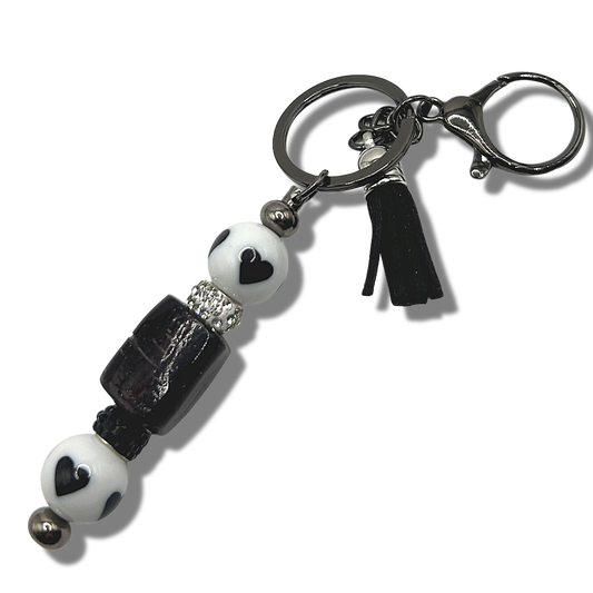 Keyring with Chunky Black Bead and White-Black Heart Accents