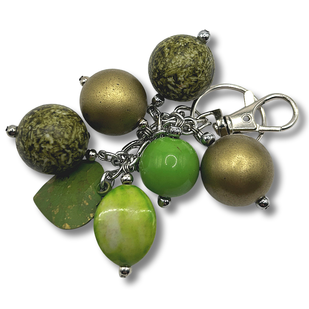 Keyring with Dangling Earthy Green Beads