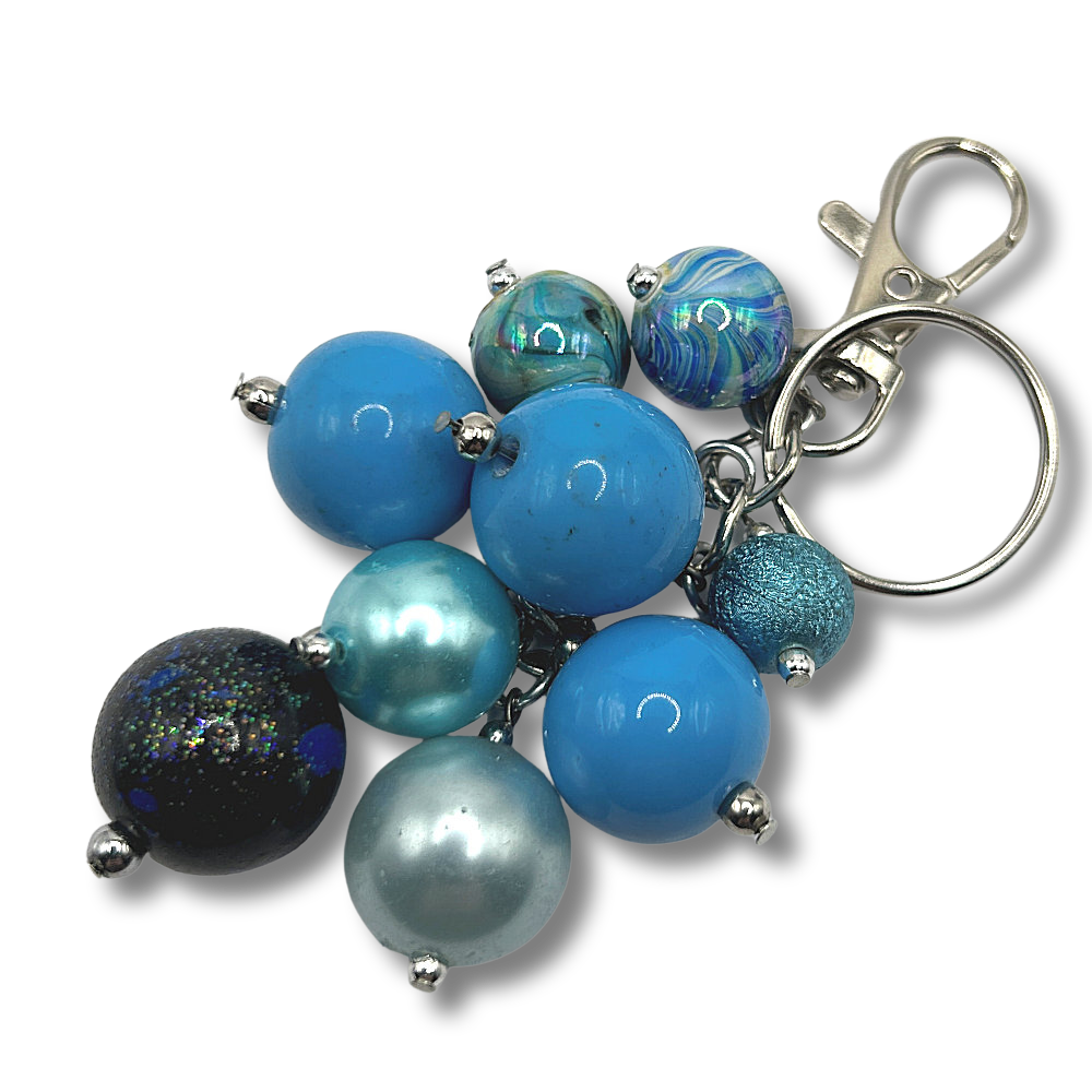 Keyring with Dangling Mixed Blue Beads