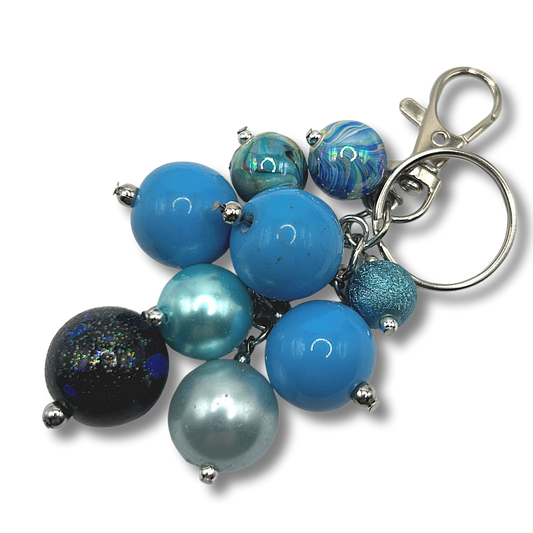 Keyring with Dangling Mixed Blue Beads