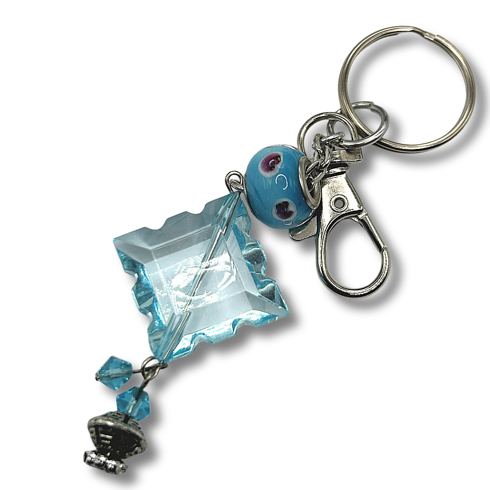 Keyring with Blue Diamond Shape and Mixed Beads