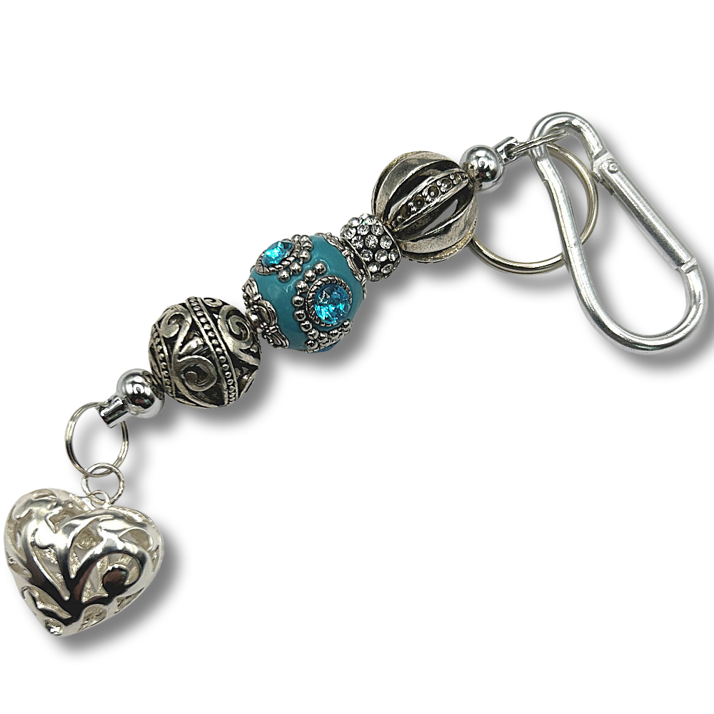 Keyring with Blue and Silver Beads and Heart Dangle