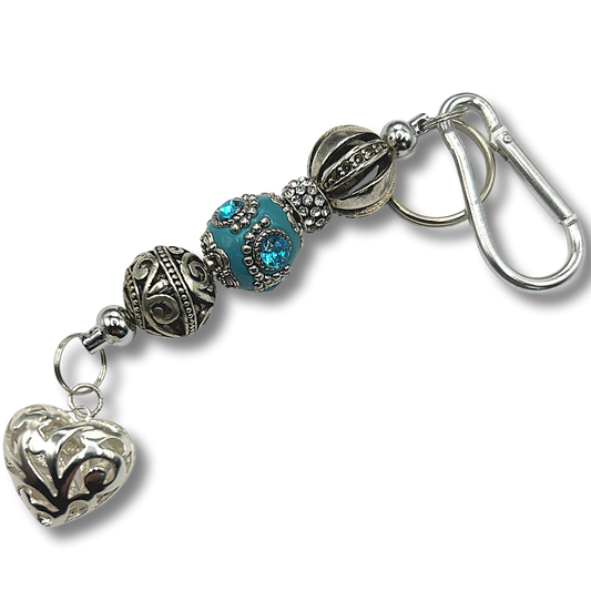 Keyring with Blue and Silver Beads and Heart Dangle