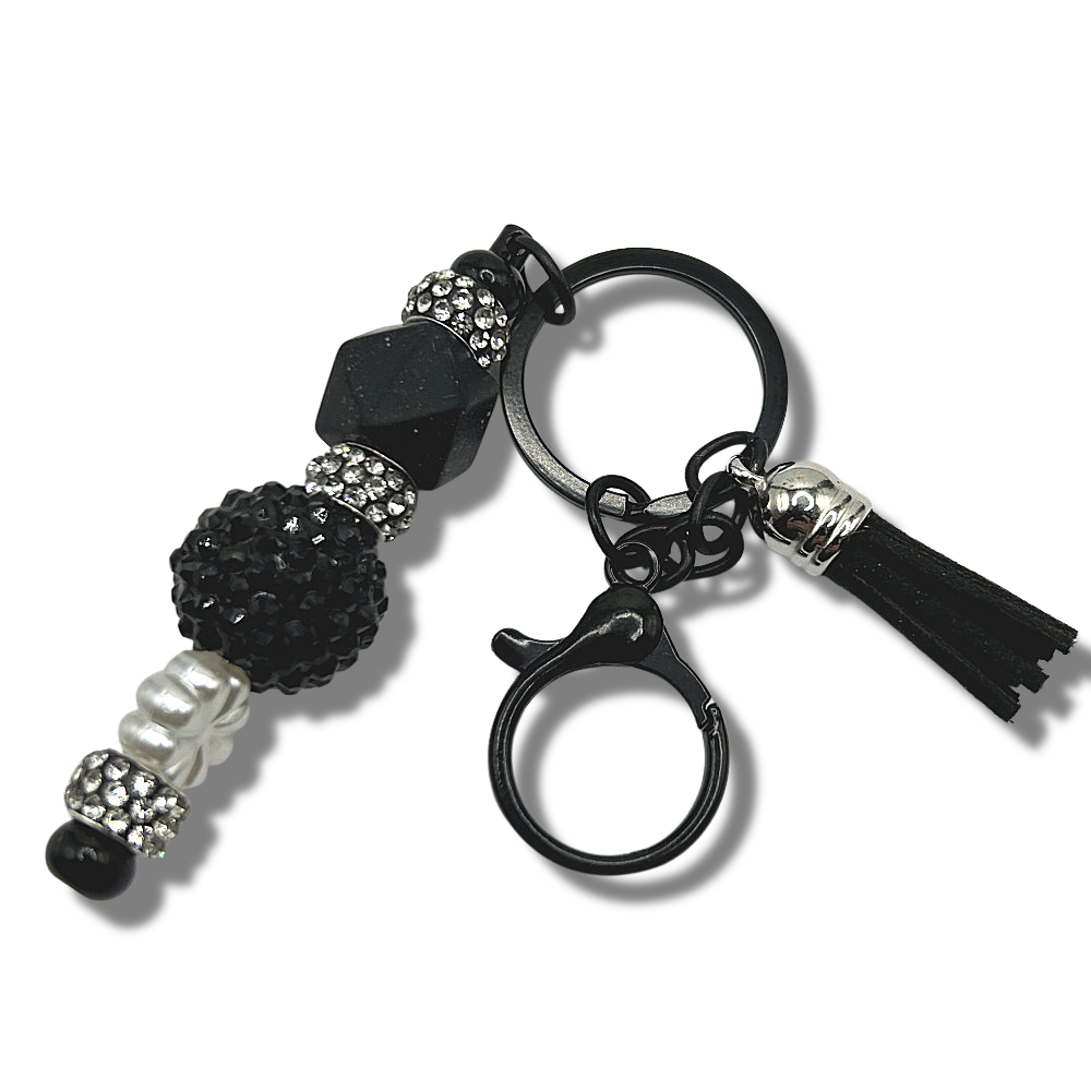Keyring with Black Beads and Rhinestones