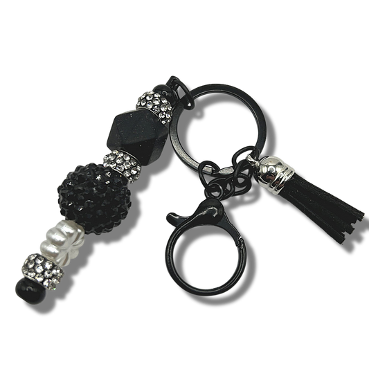 Keyring with Black Beads and Rhinestones