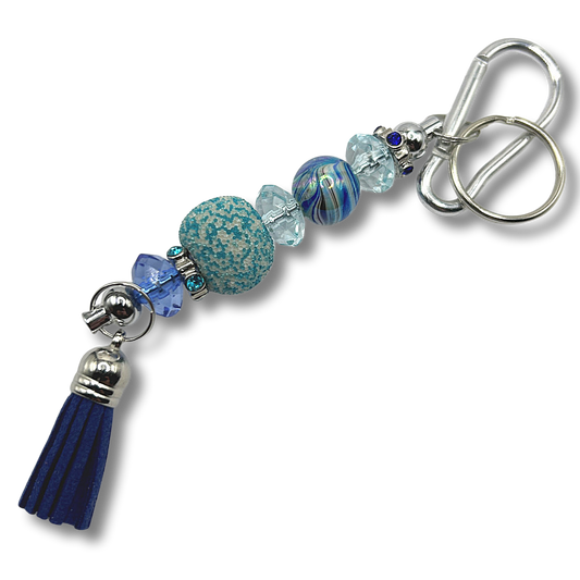 Keyring with Mixed Blue Small and Large Beads
