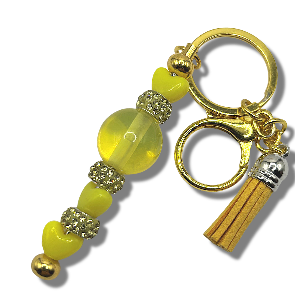 Keyring with Large Yellow Bead and Hearts
