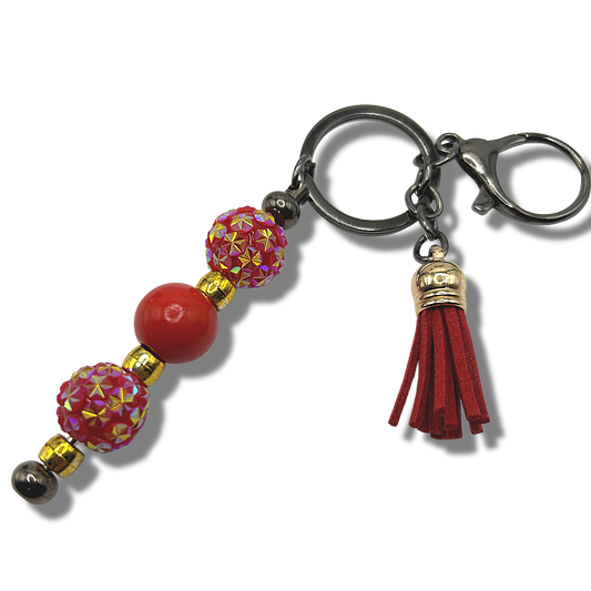 Keyring with Red Sparkles, Wood, and Golden Accents