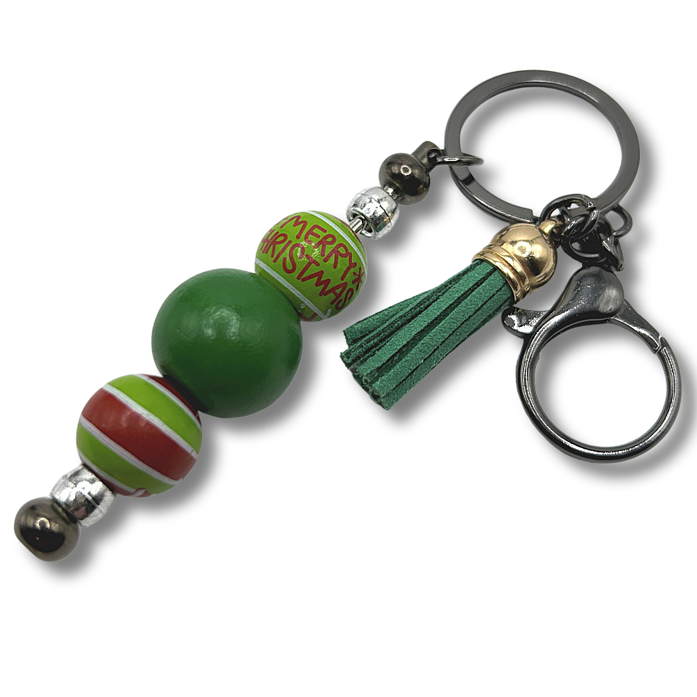 Green Wood Christmas Bead Keyring