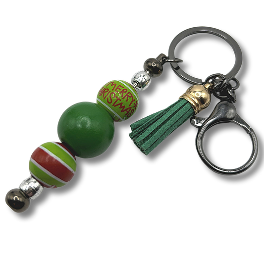 Green Wood Christmas Bead Keyring