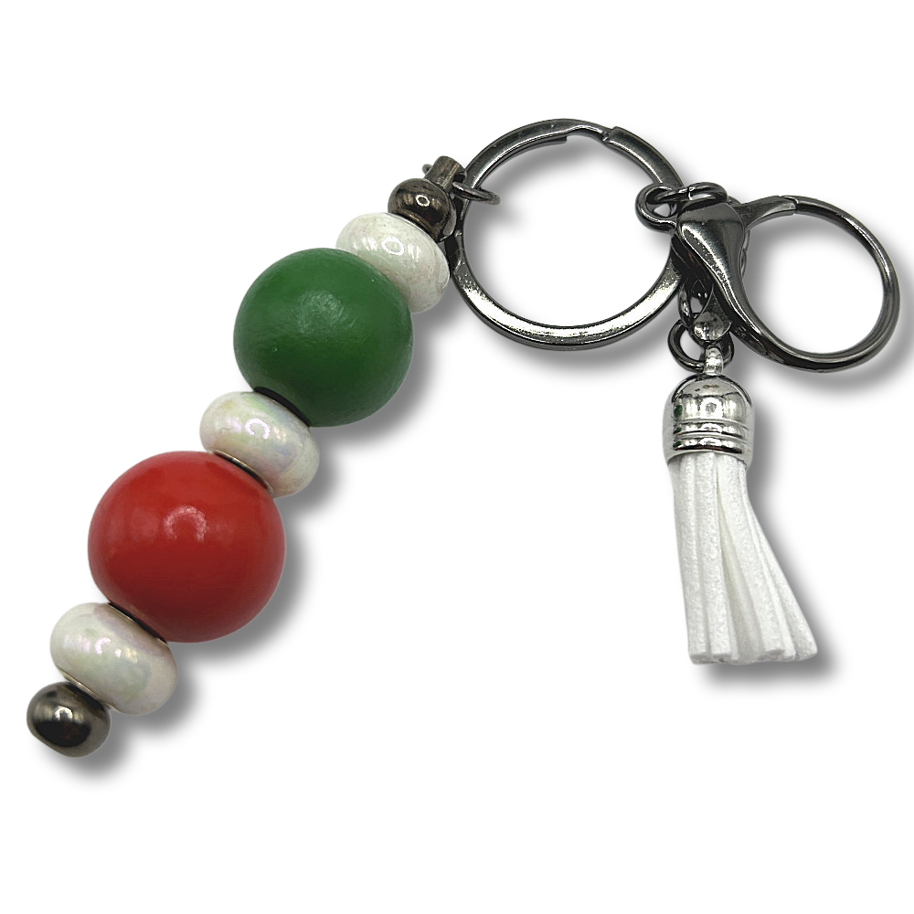 Red and Green Wood Keyring with White Glass Accents